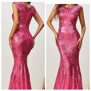Hot Pink Party Contrast Sequin, round neck, cap sleeve,  Mermaid Maxi Go…